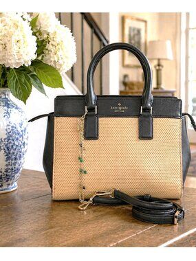 Kate Spade New York Woven Straw & Black Leather Satchel Crossbody Bag